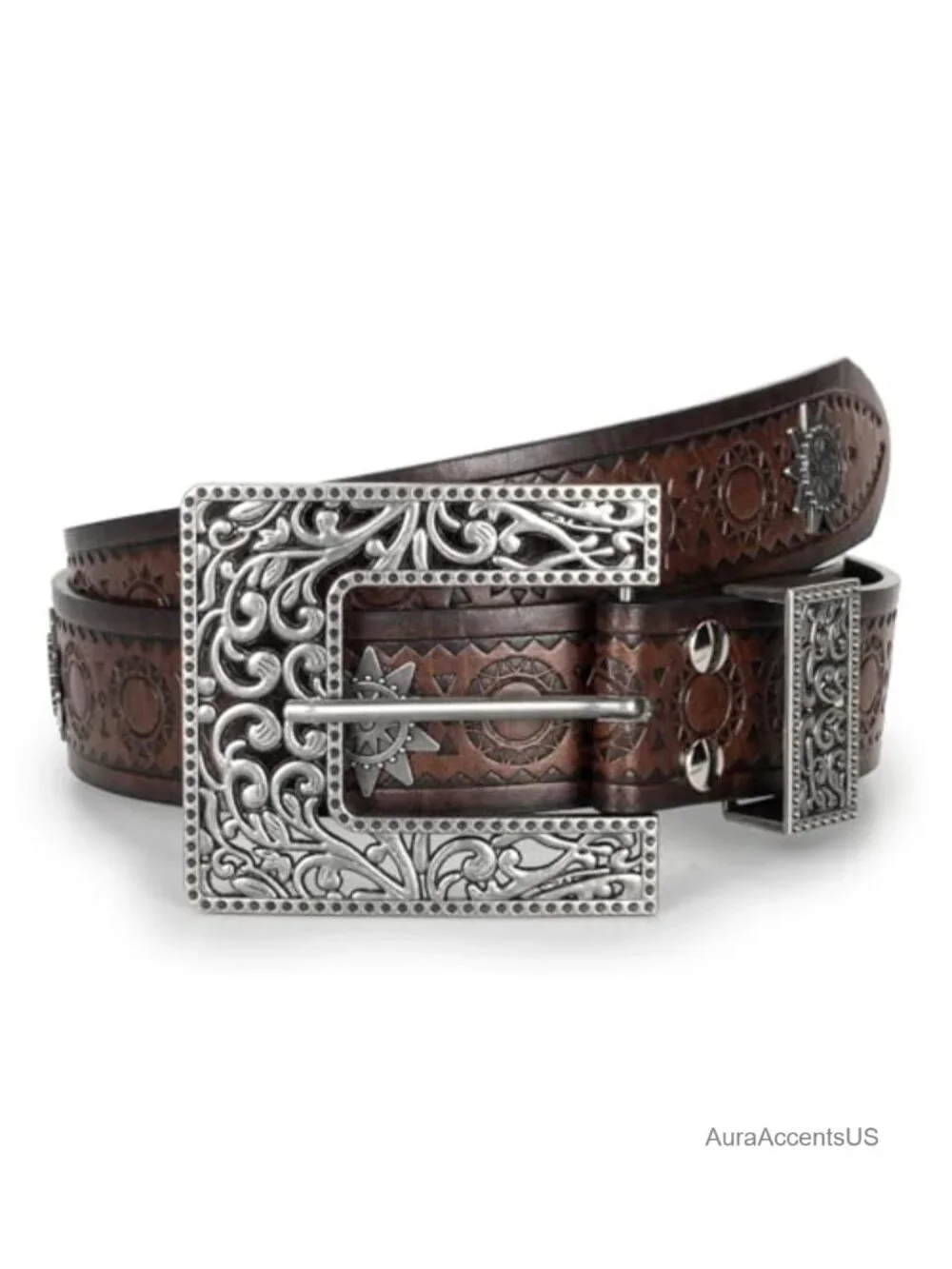 Vintage Faux Leather Western Belt with Hollow Out Flower Embossed PU